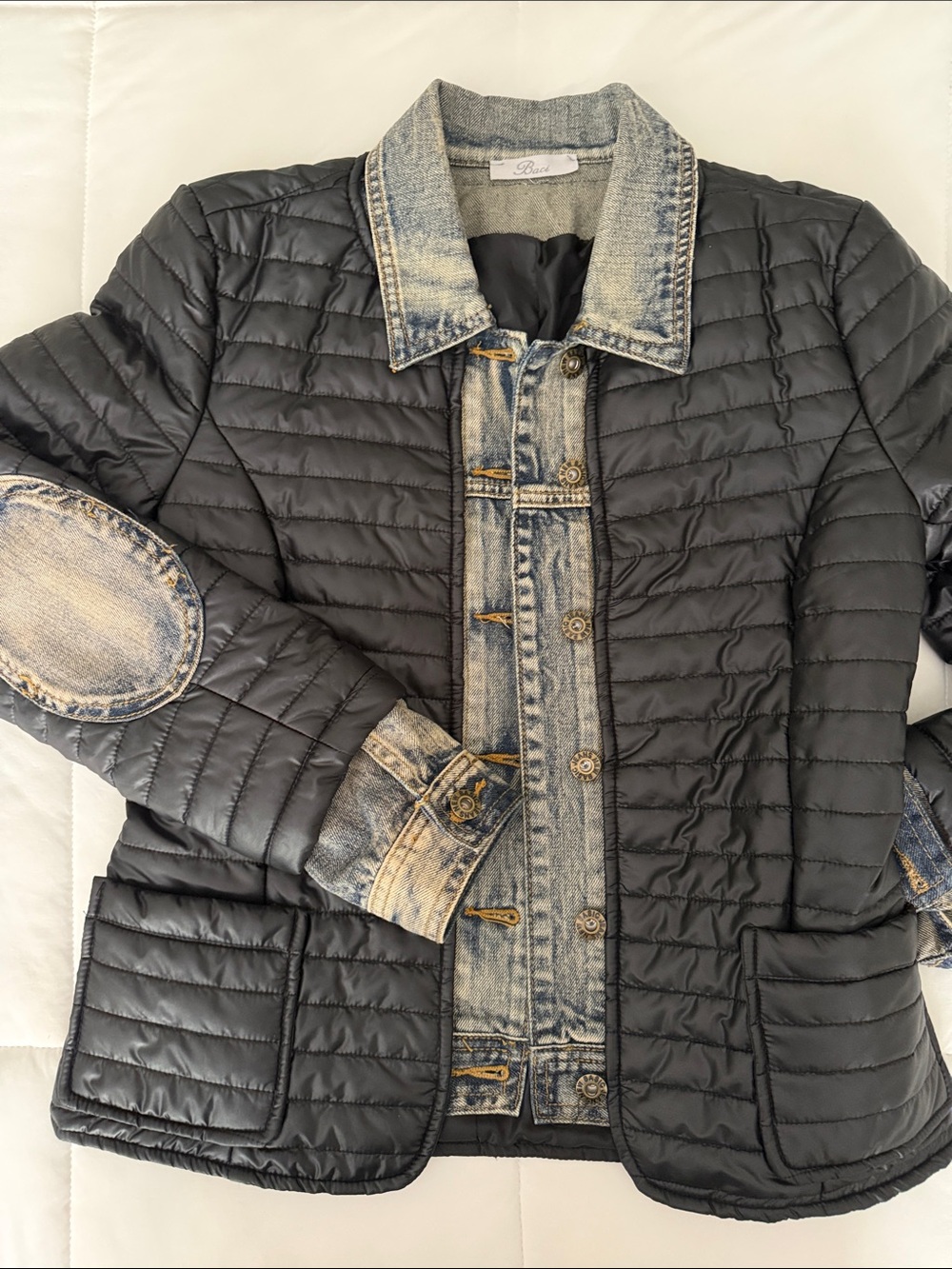 Black Quilted Bomber Jacket with Denim Trim - Brand: